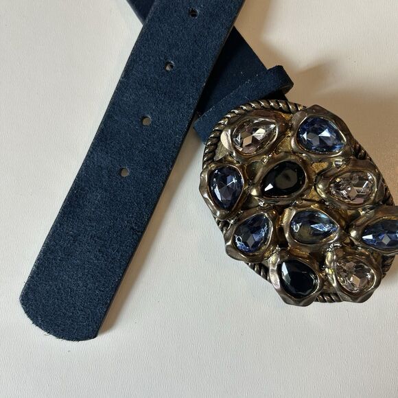 Chicos Blue Suede Leather Belt Womens Sz L (37-41) Gemstone Buckle Boho Festival - Picture 4 of 15